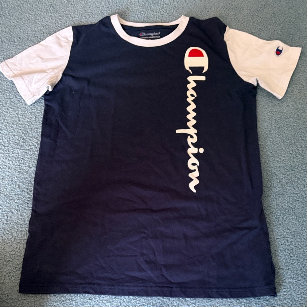 Champion Navy and White Vertical Logo Kids Tee